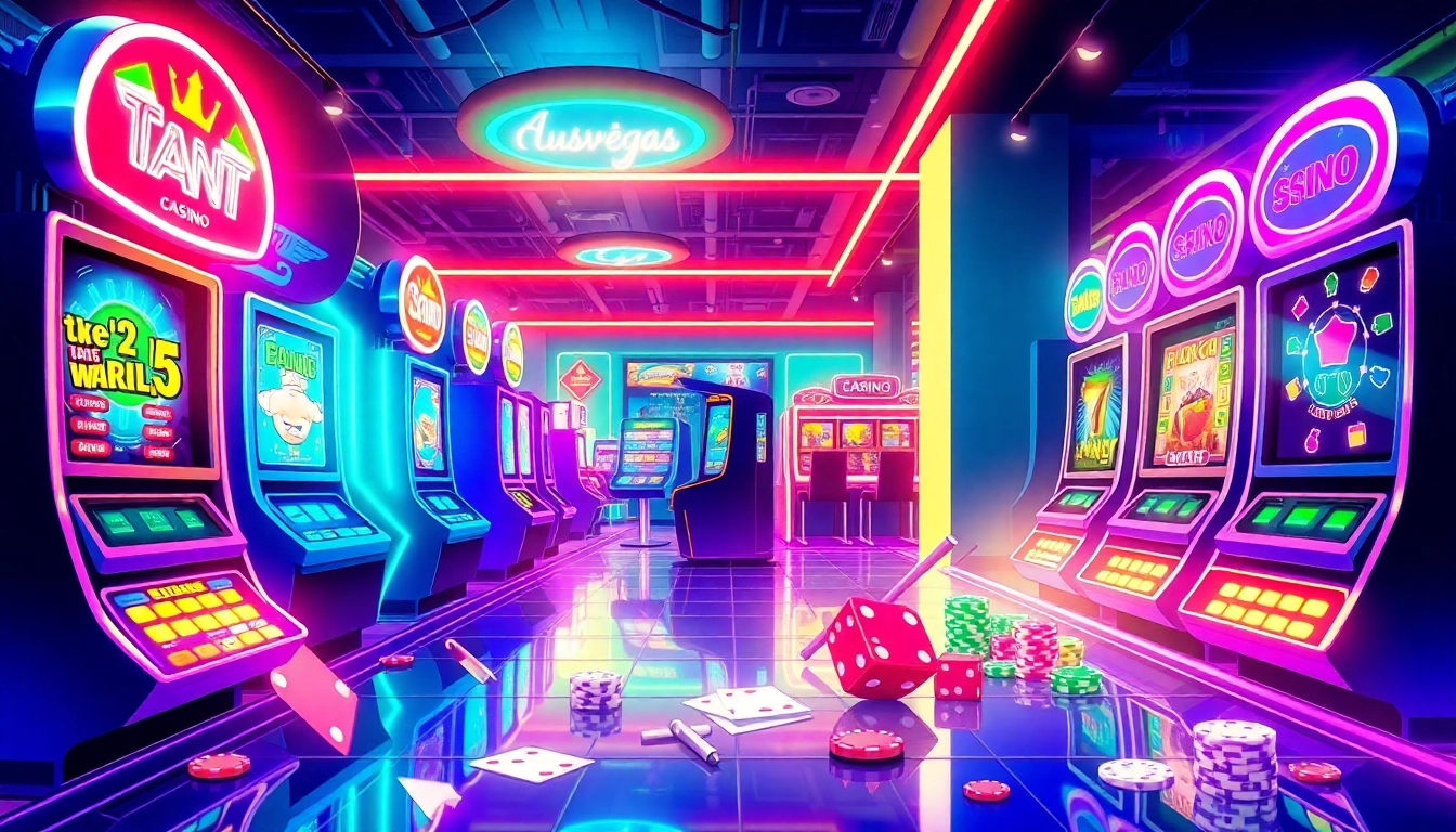 Experience the excitement of ausvegas.xyz/ with vibrant online gambling visuals featuring neon lights and gaming elements.