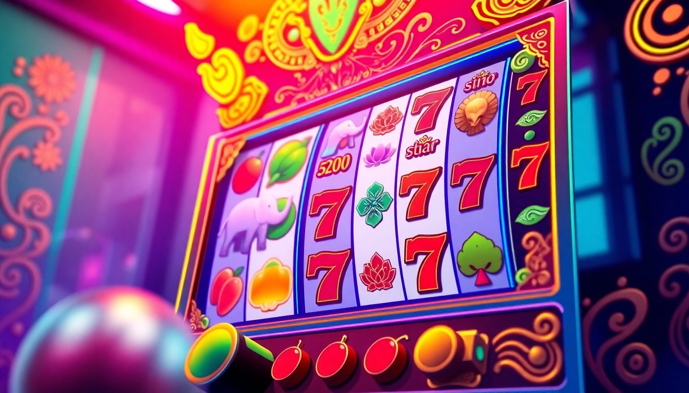 Engage with an excitingสล็อตออนไลน์ game featuring vibrant Thai symbols and bright neon colors.