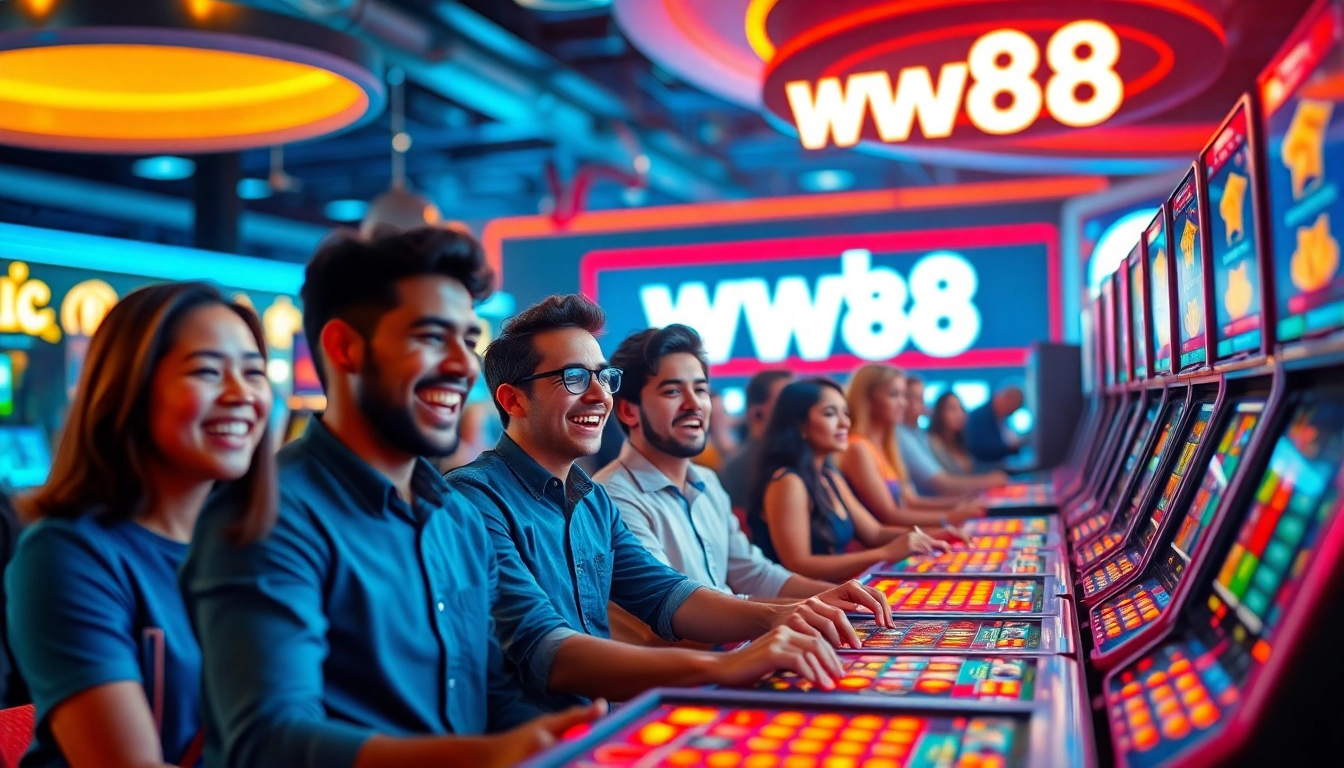 Experience the thrill of ww88 with vibrant gaming scenes featuring enthusiastic players.