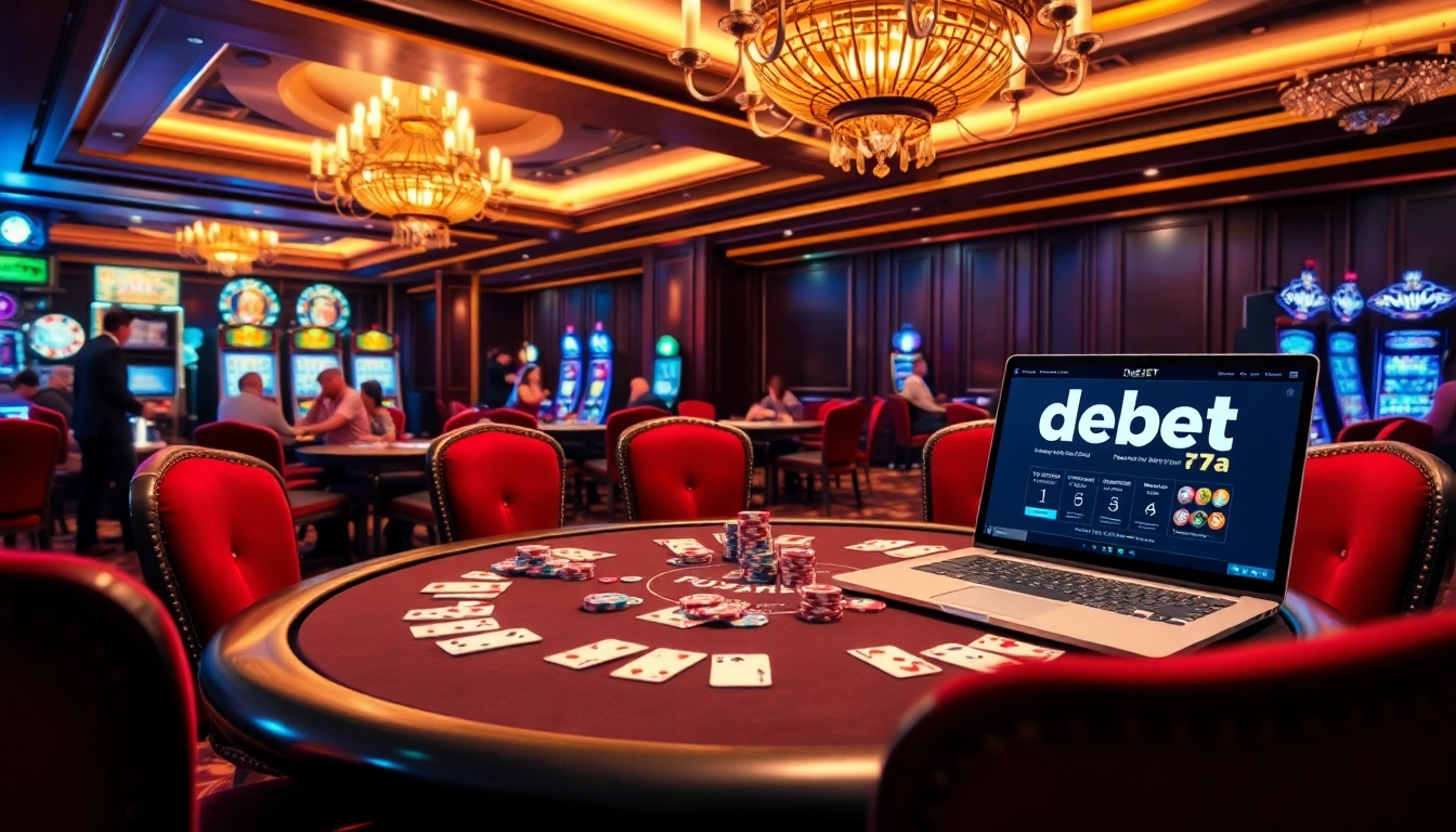 Players at a poker table immersed in a thrilling game, showcasing the online casino experience at https://debet7a.com/ with vibrant chips and tense atmosphere.