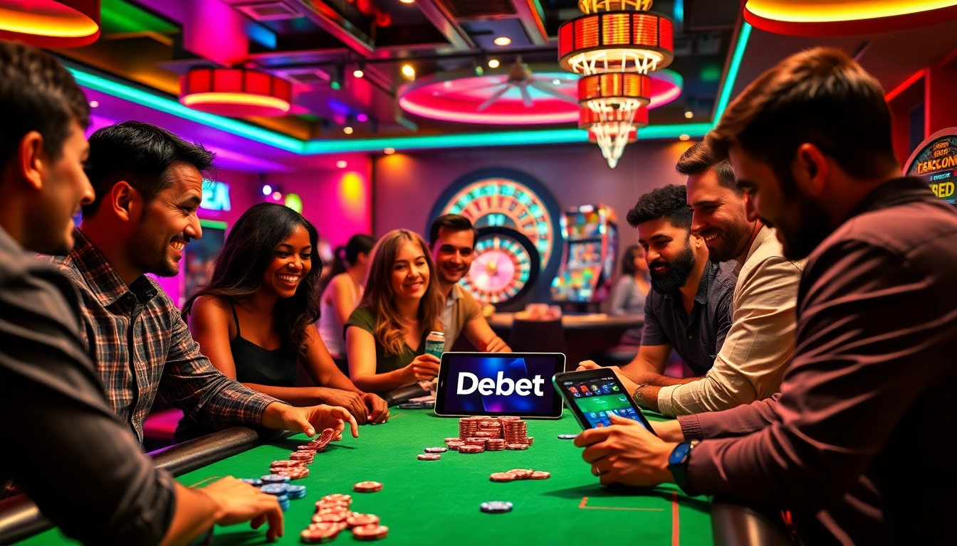 Exciting casino poker night featuring diverse players and Debet betting app for real-time wagering.