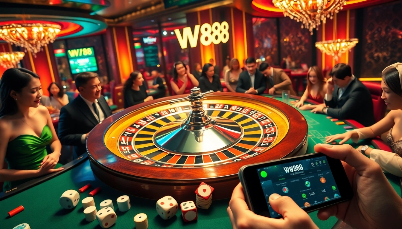 Experience the thrill of gambling at WW88's vibrant casino with roulette and card tables.