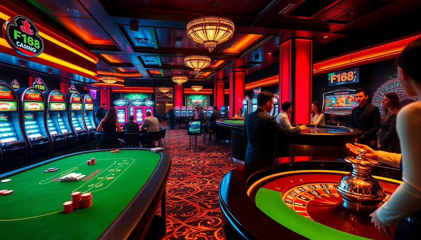 Experience the thrill of winning at thương hiệu F168's vibrant casino with players at poker tables and dazzling slot machines.