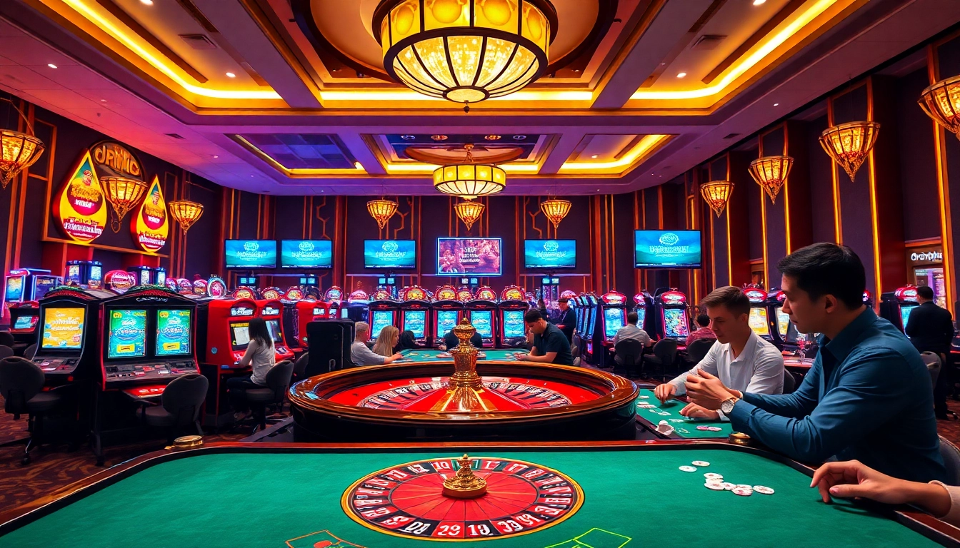 Enthusiastic players enjoying the excitement of gambling at https://rr88e2.com/ with vibrant slot machines and roulette wheels.