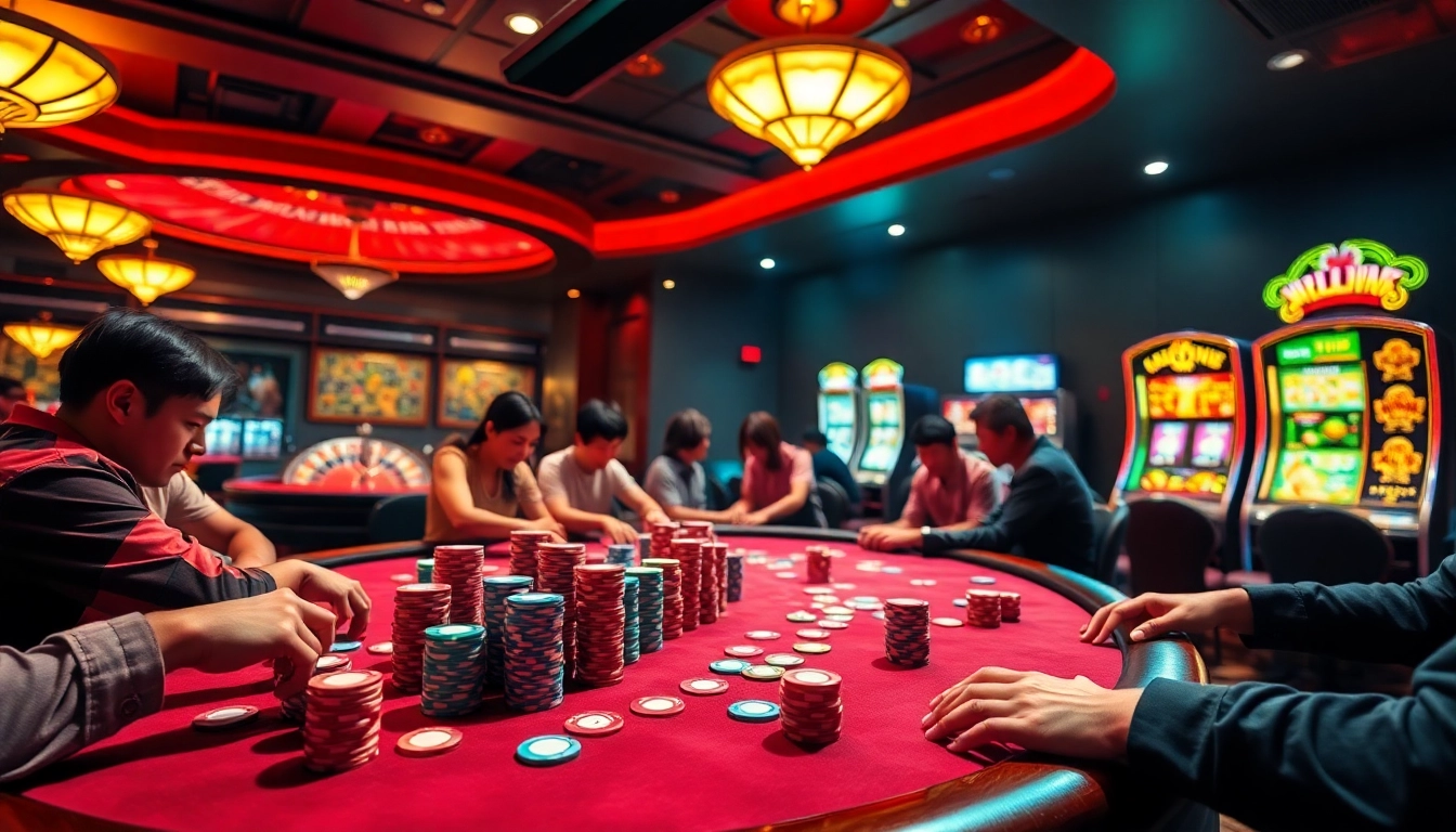 Engaging gameplay at a poker table in a vibrant casino representing Nhà cái uy tín and thrilling betting experiences.