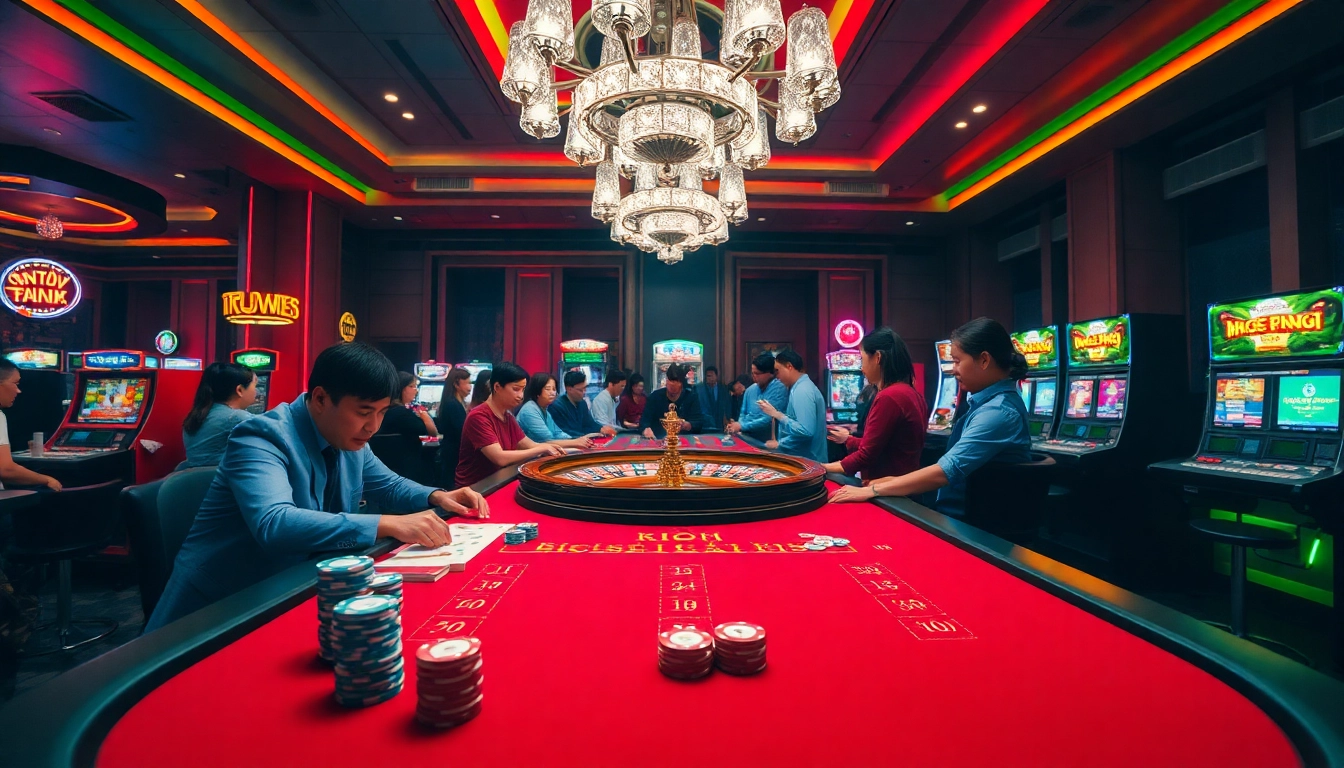 Tại 123B's vibrant casino scene with players enjoying poker, roulette, and slots.