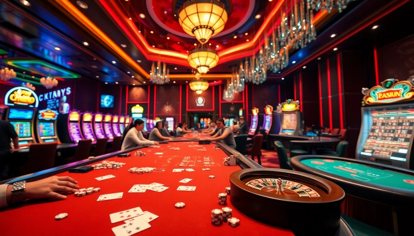 Experience the excitement of the nhà cái uy tín nhất Việt Nam featuring real players at poker tables and captivating slot machines.