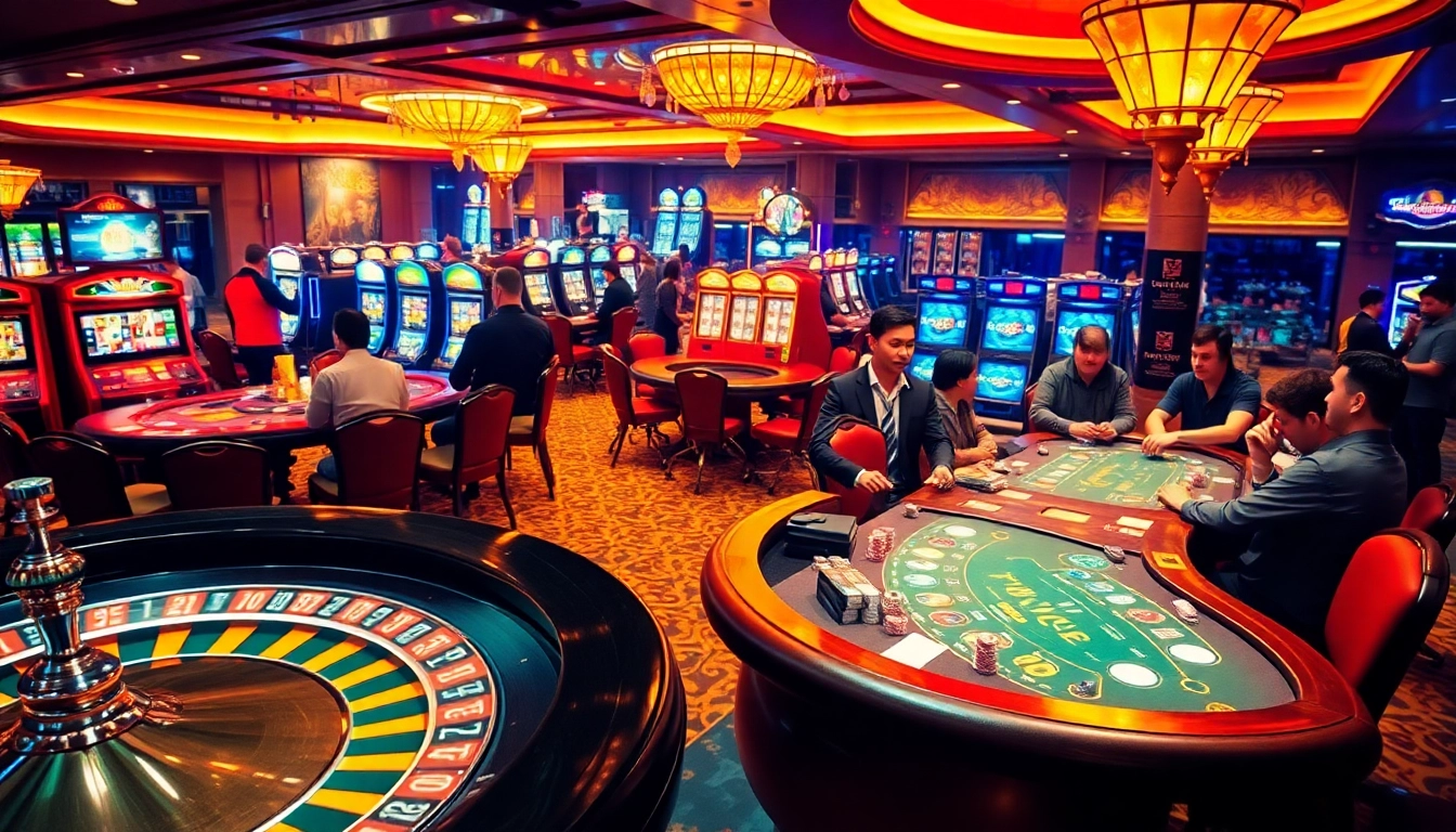 Experience the excitement of nhà cái 69VN's casino with players at roulette, poker, and slot machines.