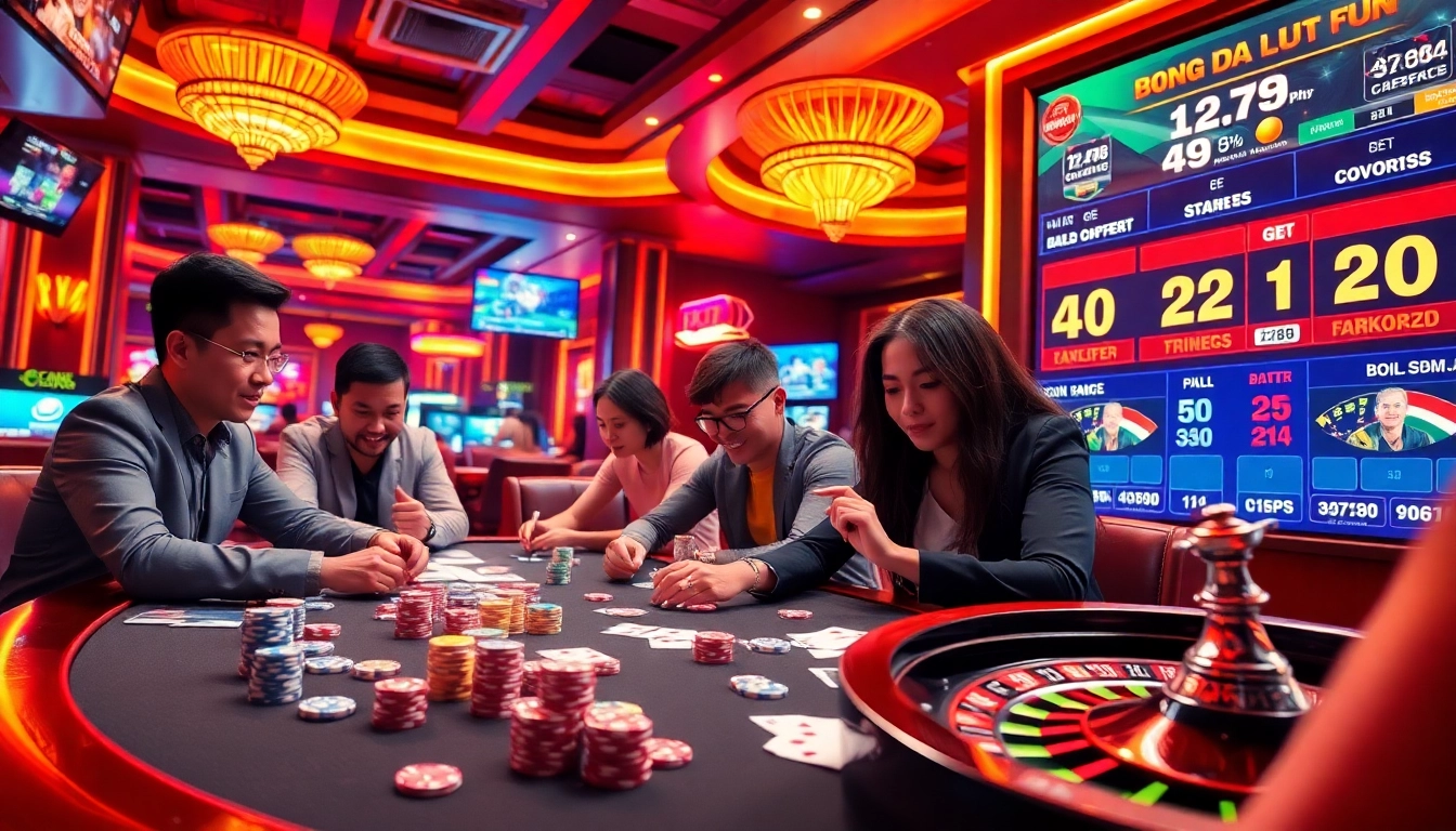 Experience the thrill of "bong da lu fun" in a lively casino atmosphere, featuring intense poker play and vibrant roulette action.