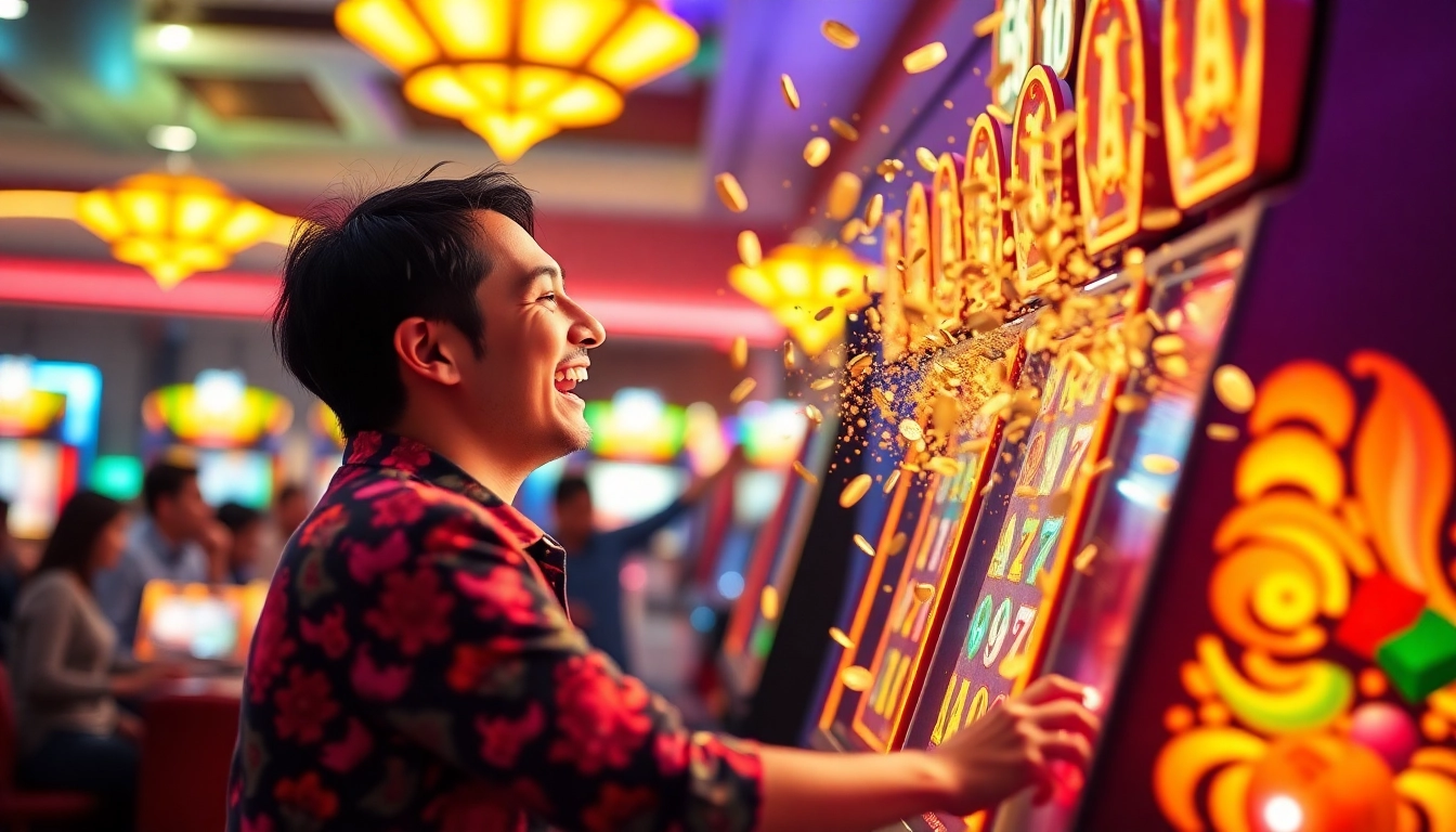 Joyful player celebrating a win on a Slot gacor machine in a vibrant casino setting.