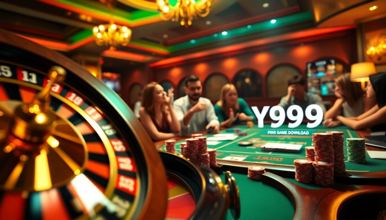 Enjoy the thrill of the Y999 Game Download at an exciting casino with vibrant poker chips, cards, and betting slips.