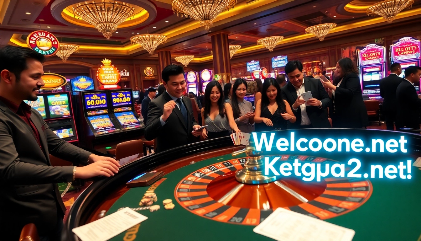 Experience the exhilarating gameplay at ketqua24.net with players enjoying a thrilling roulette session amidst dazzling casino lights.