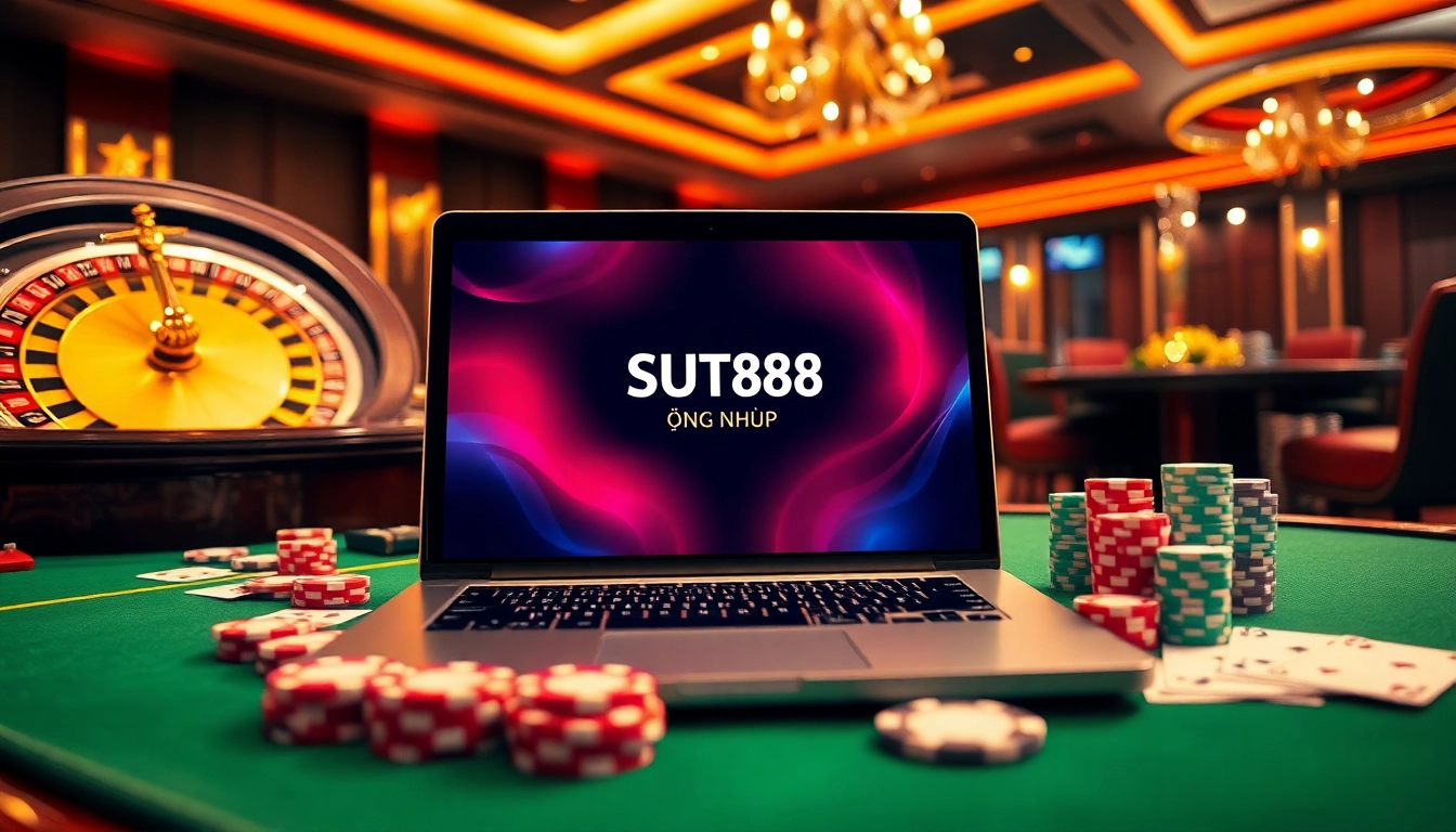 Experience the excitement of SUT88 ĐĂNG NHẬP with a thrilling online casino setup featuring roulette, cards, and poker chips.