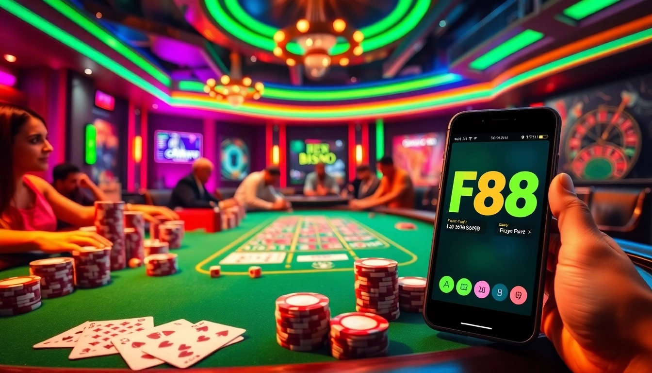Engage with FB88's thrilling poker table action with vibrant chips, cards, and passionate players.