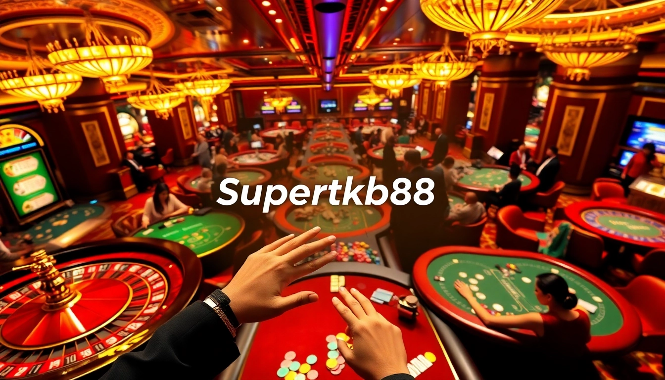 Experience the thrill of Supertkb88 with vibrant casino tables and eager players betting.