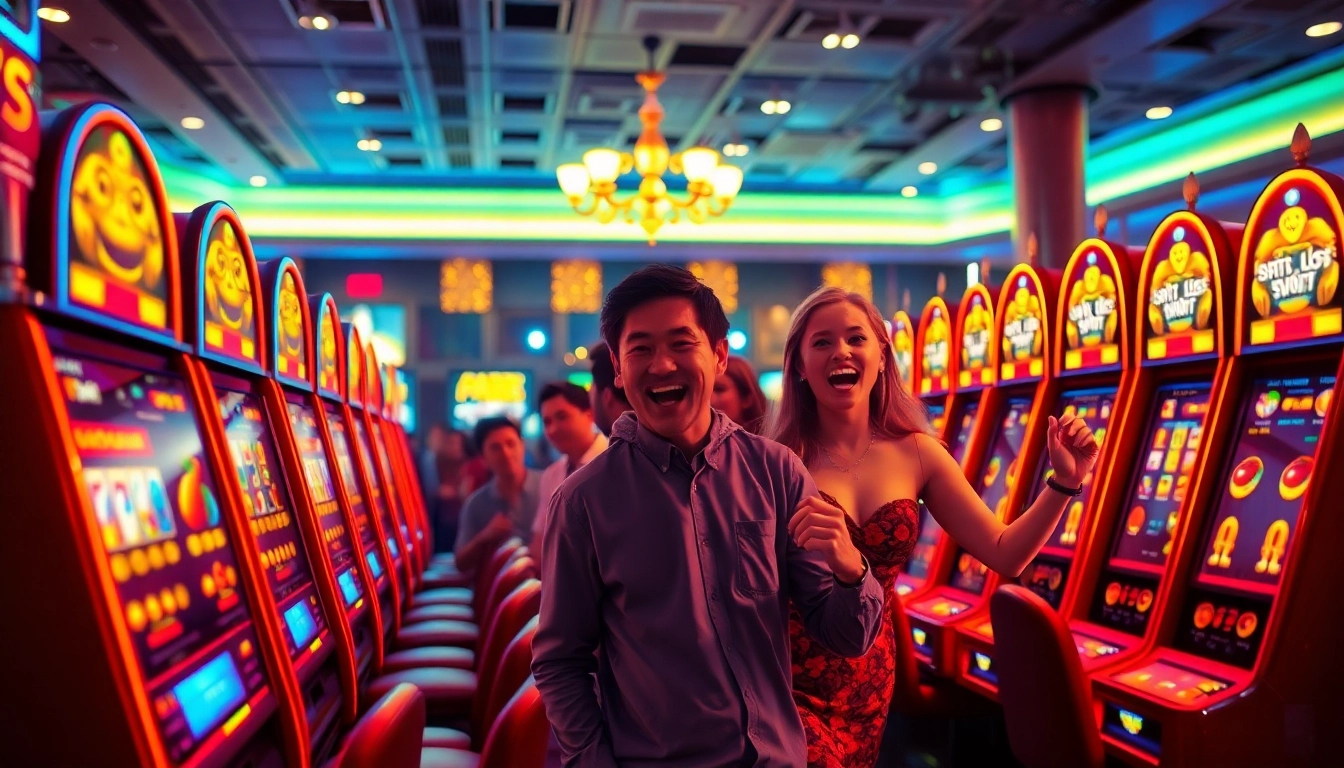 Players celebrating wins on situs slot gacor slot machines in a vibrant casino scene.