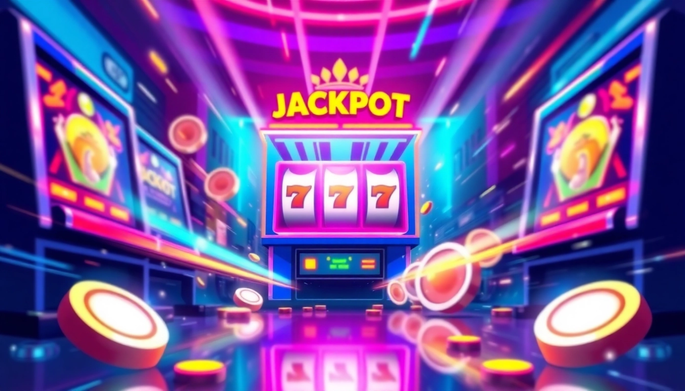 Show a jackpot win on a slot gacor terpercaya, highlighting intense action with vibrant colors and dynamic lights.