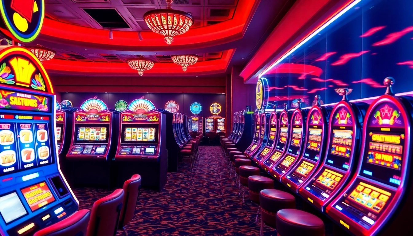 Mesin slot berkilauan dalam kasino cerah, menambah pengalaman situs slot gacor yang menakjubkan.